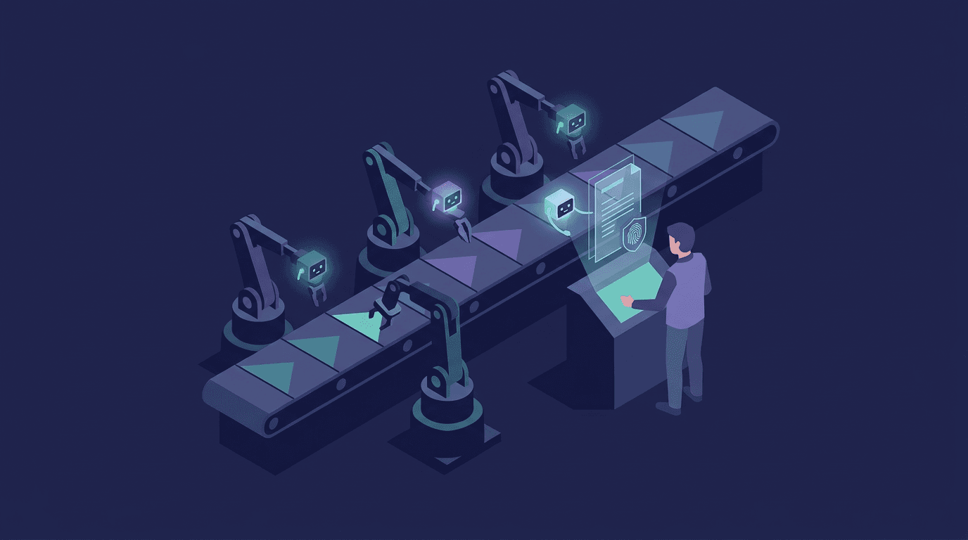 Isometric view of a factory production line with AI agent nodes on robotic arms and a human worker receiving a verified digital work order from an agent.