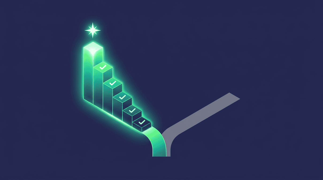 Two diverging paths - the left path glows green with ascending blocks of compounding trust advantage, while the right path remains flat and stagnant representing the cost of waiting.