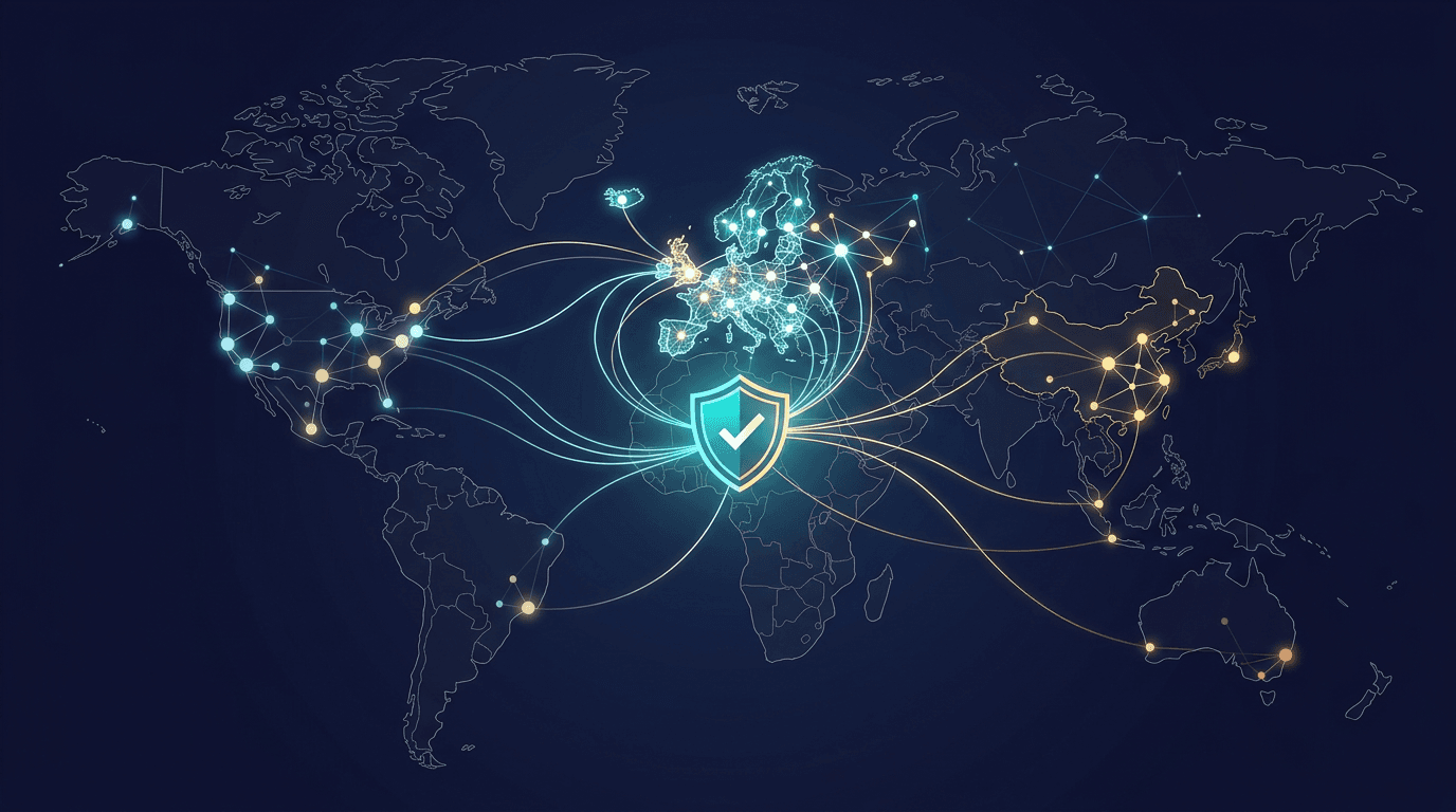 World map showing the global spread of AI regulation - the EU brightly lit as the first mover, with the UK, US, and China progressively lighting up, connected by converging regulatory frameworks.