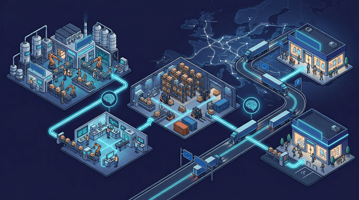 Factory floor with AI agents monitoring and coordinating production stages in real time