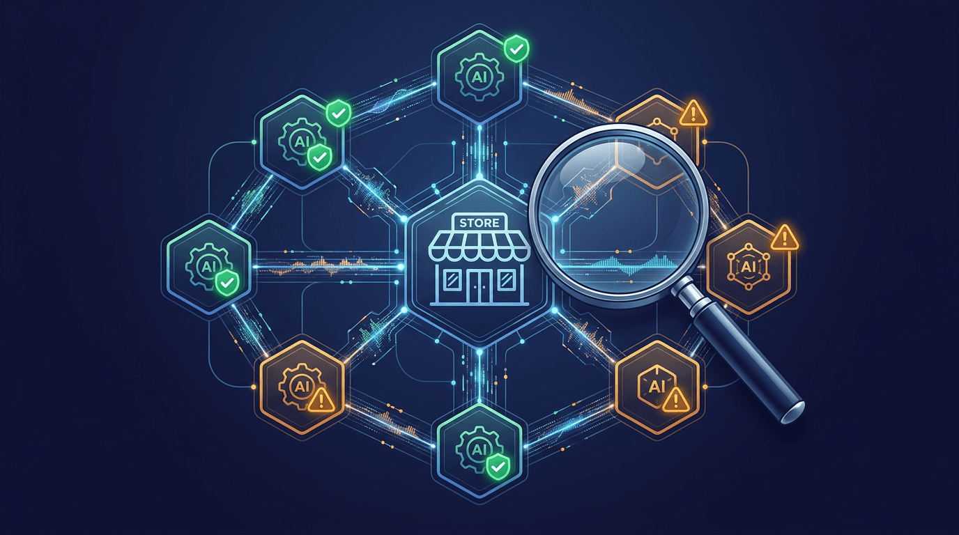 Multi-agent retail ecosystem diagram showing compliance verification across interconnected AI systems