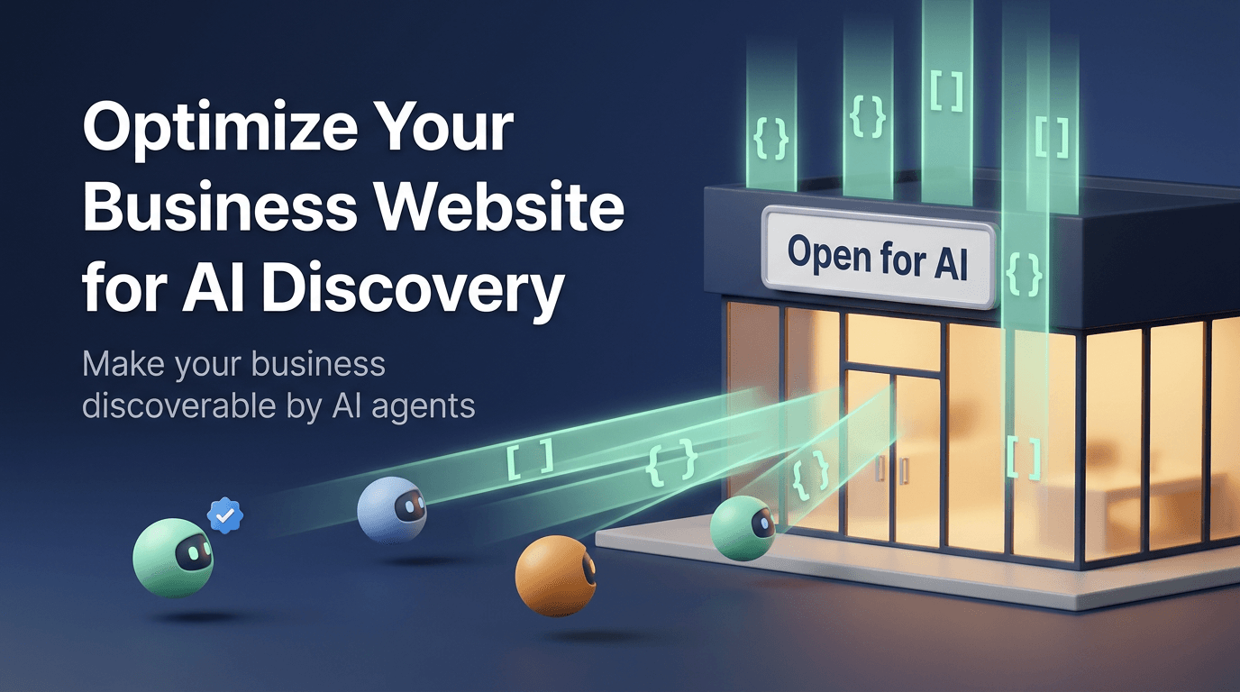 Business website with structured data layers visible to AI agents searching for services