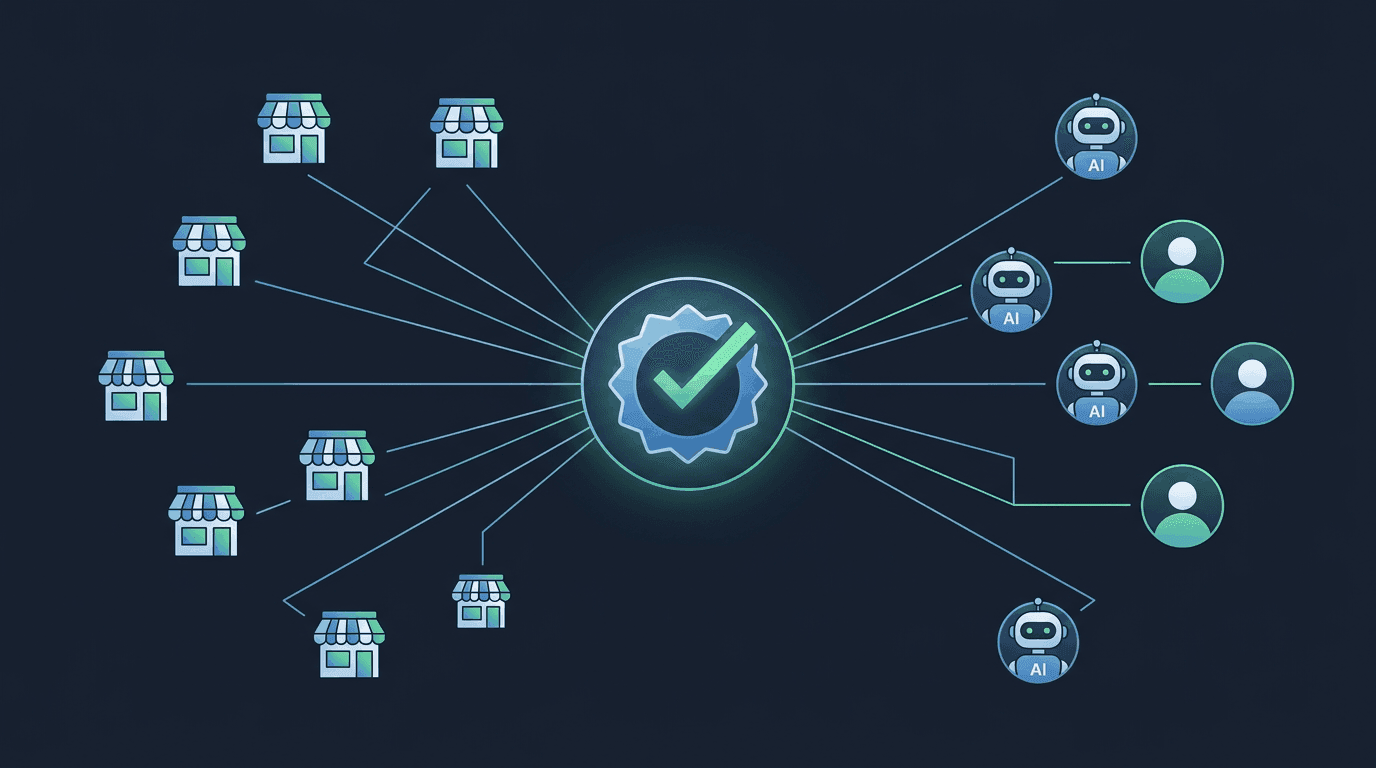 A network diagram showing verified storefronts connected through a central trust badge to AI agents paired with users