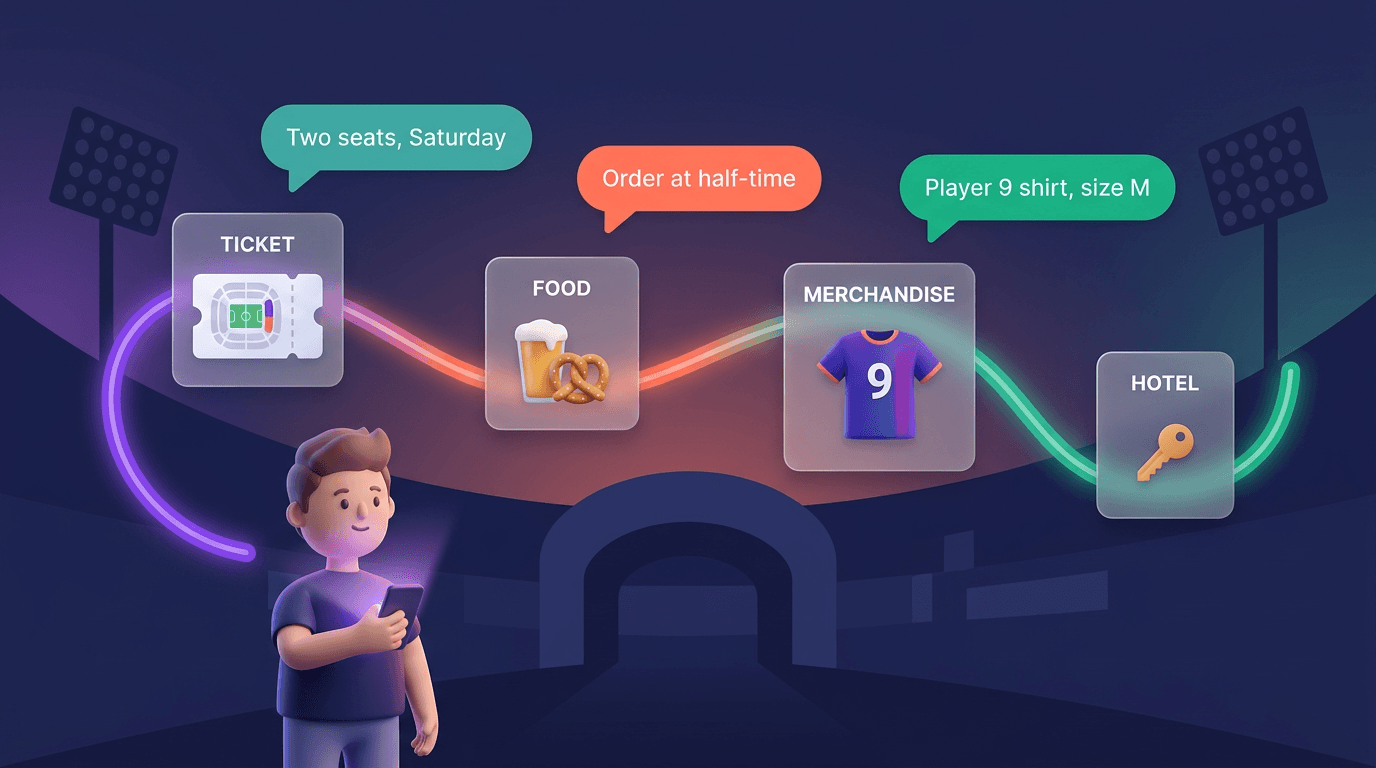 Stadium scene with a single conversational interface representing the venue concierge agent uniting tickets, food and beverage, merchandise, and hospitality